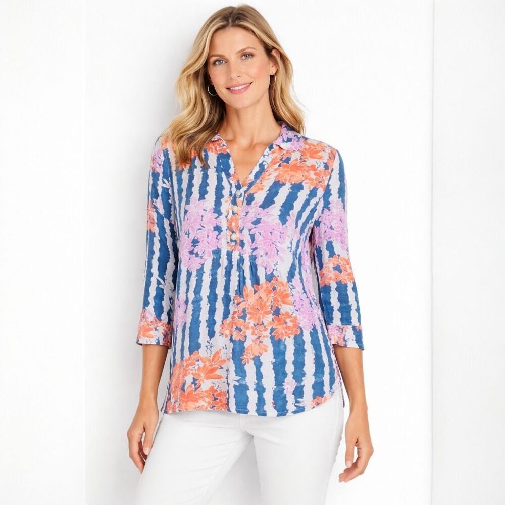 Ruby Rd. Floral Stripe Blouse – Size Medium – 100% Rayon